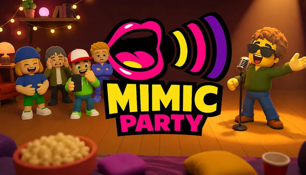 Mimic Party key art: friends around a microphone in a living room