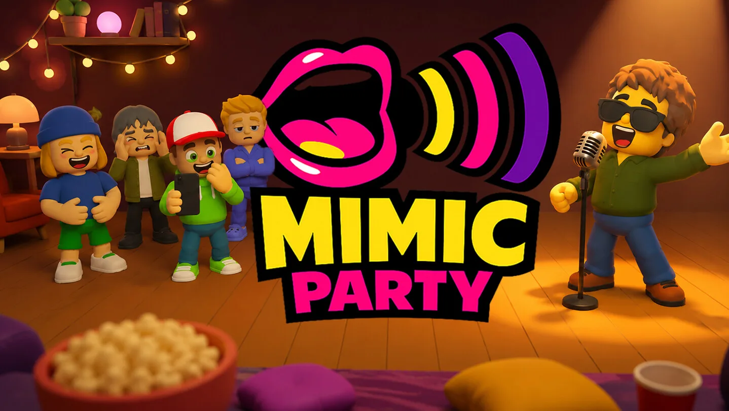 Mimic Party key art: friends around a microphone in a living room