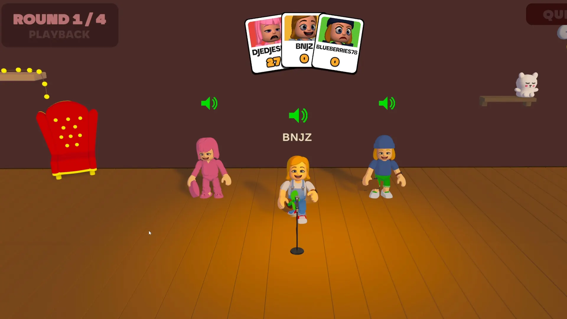 Playback: takes play back one by one while the room reacts